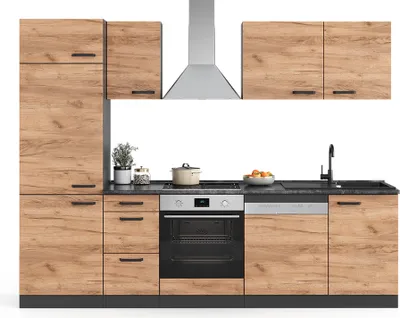 A modern kitchen unit with wooden cabinets and a stainless steel range hood.
