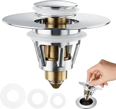 Produktbild von Universal Waschbeckenstöpsel mit Pop-Up Ablaufventil aus Edelstahl, Abflussstopfen mit Sieb und Anti-Verstopfungsfilter für Waschbecken, Küchenspülen und Badewannen mit 26-42mm Abflusslöchern