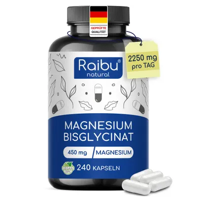 Produktbild von Magnesium Bisglycinat (Magnesium Glycinat) 450 mg pro Tag – RAIBU