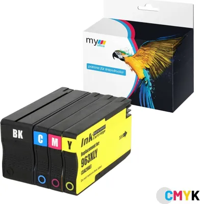 Four ink cartridges and their packaging are displayed against a white background.