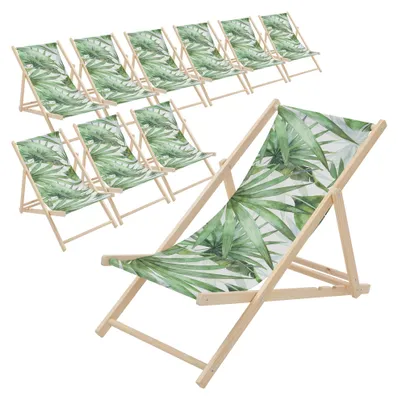 Produktbild von ECD Germany 10er Set Liegestuhl klappbar Palme Grün-Weiß aus Holz Sonnenliege mit 3-Fach verstellbarer Rückenlehne Strandliege für Garten Balkon
