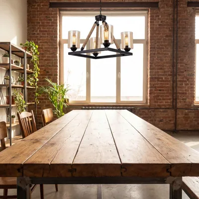 Produktbild von Kronleuchter Rauchglas Metall E27 B: 40 cm H: max. 57 cm Schwarz Bernstein Natur 4-flammig eckig Retro Design