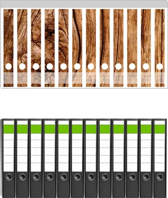 Produktbild von Wallario 12 Stück schmale Ordner inkl. Klebeetiketten mit Motive Holzstamm mit Asteinschluss -  Set mit Rückenschildern / Ordnerrücken Stickern
