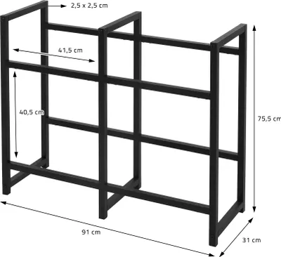 A diagram of a black metal shelving unit for beverage crates, with dimensions indicated.