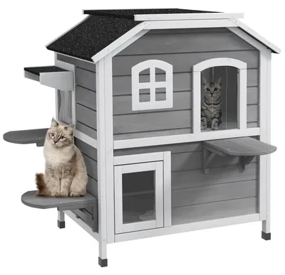 Produktbild von PawHut Katzenhaus Outdoor Katzenhütte 3 Treppen 2-Etagen Katzenvilla Asphaltdach