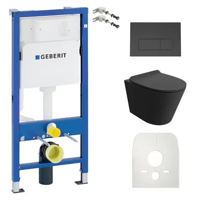 Produktbild von DOMINO Geberit Duofix Basic Vorwandelement + Wand-WC Tiefspül Galve Becken Schwarz Spülrandlos + Schwarz Bedienplatte Delta 25 für Doppelspülung | SET