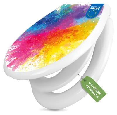 Produktbild von banjado Familien WC Sitz weiß mit Kindersitz und Absenkautomatik und Motiv Farbexplosion 2 [TDWK 13325]
