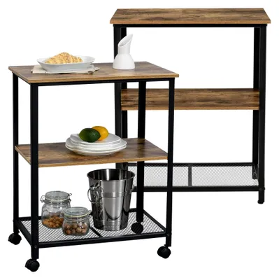 Produktbild von Servierwagen mit Rollen und Ablage, Beistellwagen 76,5x60x40cm, Allzweckwagen in Schwarz/Holzfarben