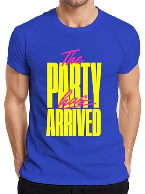 Productafbeelding van Het feest is begonnen! Grappige spreuk. Neon, outfit voor een feest in de jaren 80 en 90. Heren T-shirt, blauw, maat S