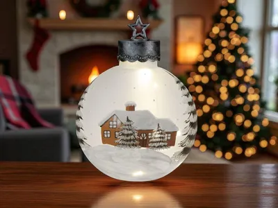 A decorative LED Christmas ornament with a winter scene inside, placed on a wooden table in front of a fireplace and a Christmas tree.