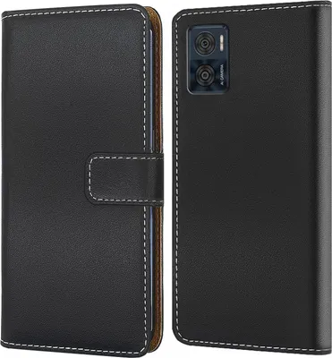 A black flip-style phone case for a Motorola Moto E22i is shown from two angles.