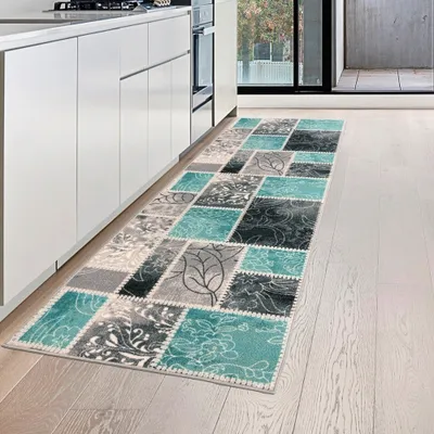 Produktbild von Küchenläufer mit Gelrücken und Karomuster in Türkis, Creme und Grau Größe - 80 x 200 cm