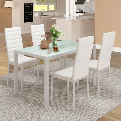 Produktbild von Esstisch-Set BEALIFE 110x70x75 cm mit 4 PolyurethanStühlen | Für Esszimmer & Küche | Weiß | TB40