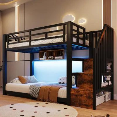 Produktbild von Etagenbett Metall mit LED Lichtleiste 3 Staufächern Treppe Schutzgeländer, 90x200 cm schwarz
