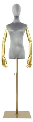 Obrázok produktu pre Dámska figurína do výkladu – torzo – výškovo nastaviteľná 150–200 cm – zamatový poťah, plast, železo – ramená 36 cm, hrudník 82, pás 60, boky 79 – sivá