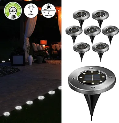 Produktbild von Wegleuchte Solar 8er Set Erdspieß Gartenleuchte Bodenlicht 8 LEDs Ø12cm Edelstahl