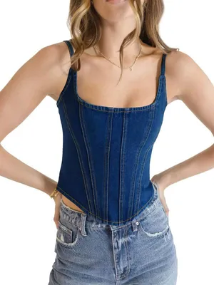 Produktbild von Imily Bela Figurbetontes Jeans-Top für Damen, ärmelloses Tanktop mit dünnen Trägern, kurzes Sommertop