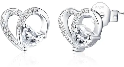 Productafbeelding van Oorbellen voor dames, hartvormig, met zirkonia, zilver 925, klein formaat (10x9 mm), cadeau set