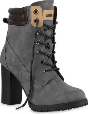 Produktbild von Mytrendshoe Damen Schnürstiefeletten Worker Boots Stiefeletten Block Absatz 812259, Farbe: Grau, Größe: 36