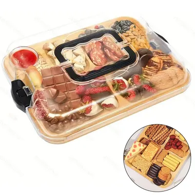 Produktbild von Bambus Käsebrett mit 6 Fächern, Servierplatte mit Deckel, doppelseitig verwendbar, ideal für Party, Picknick, Buffet oder Snacks
