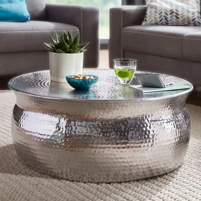 Produktbild von FineBuy Design Couchtisch rund 75 cm aus Metall silber Handgefertigter Aluminium Wohnzimmertisch Hammerschlag Orientalischer flacher Alu Sofatisch