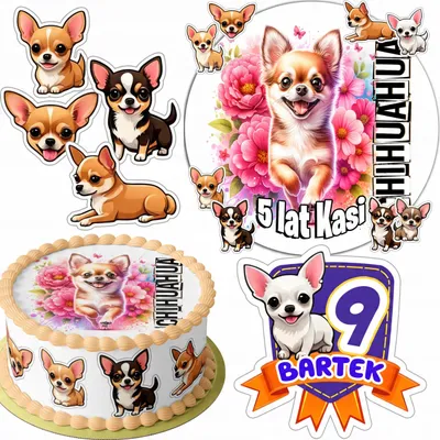 Obrázek produktu pro ZESTAW OPŁATEK NA TORT 20CM + 16 POSTACI - PSY Chihuahua + IMIĘ 15CM 18CM