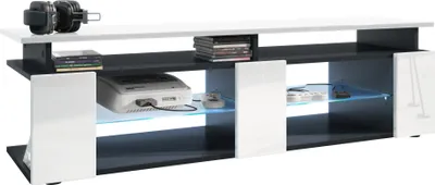 Produktbild von Vladon TV Board Movie V2 Game On Lowboard 138,5 x 39 x 39 cm inkl. LED-Beleuchtung Blau, Korpus in Schwarz matt, Fronten in Weiß Hochglanz