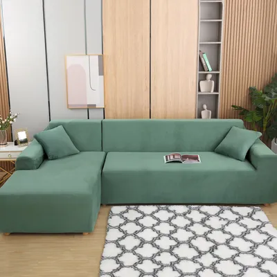 Produktbild von (Grün) L-förmiger Sofabezug, 2-teilige Plüschverdickung, elastische Sofabezüge, Schnittsofa, L-förmiger Sofa-Möbelschutz für Kinder und Haustiere
