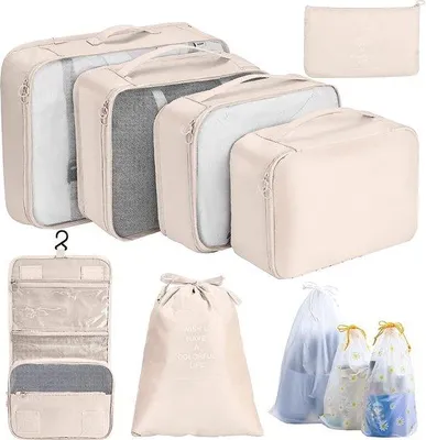 Immagine prodotto di Set di 10 cubi organizzatori da viaggio in nylon Unyqoos®, set di organizer per valigia con sacchetto per scarpe, beauty case, 3 sacchetti per biancheria e scomparto piatto, color beige
