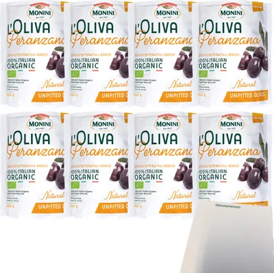 Produktbild von Monini Leccino Oliven VPE (8x150g Beutel) + usy Block