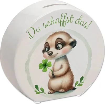 Produktbild von Erdmännchen mit Kleeblatt Spardose mit Spruch Du schaffst das