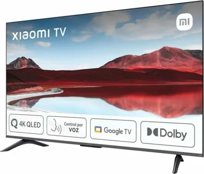 A Xiaomi TV displayed from a three-quarter angle, with feature icons at the bottom.