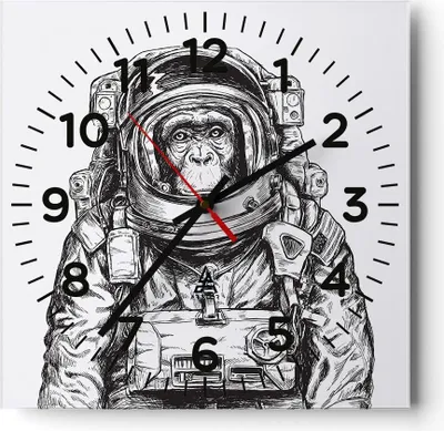 Produktbild von Wanduhr - Quadrat - Glasuhr - Schimpanse Astronaut Zeichnung - 40x40cm - Schleichendes Uhrwerk - Lautlos - zum Aufhängen bereit - Dekoration Modern - Wanddekoration aus Glas - C4AC40x40-4312