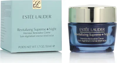 A box and a jar of Estée Lauder Revitalizing Supreme + Night Intensive Restorative Creme are displayed side-by-side against a white background.