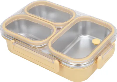 Obrázek produktu pro Dělený obědový box 304 z nerezové oceli nepropustný ohřívatelný 3 oddíly obdélníkový kontejner na potraviny 1,2 l kapacita žlutá