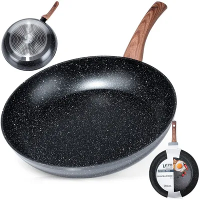 A frying pan with a wooden handle, shown from multiple angles and with a small inset showing an egg being fried.