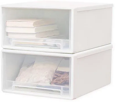 Immagine prodotto di Uniqoos® Set da 2 contenitori impilabili in plastica, bianchi con cassetti trasparenti, dimensioni 27,5 x 18,5 x 10 cm – soluzione salvaspazio per l'organizzazione di casa e dell'ufficio