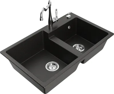 Produktbild von Mexen Tomas 2-Becken-Granitspüle mit Mischbatterie Carla, Schwarz/Gold metallisch - 6516-75-670700-00