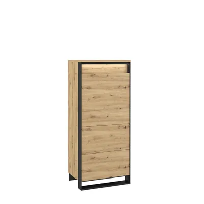 A tall, narrow cabinet with two front-facing doors, framed by black metal legs and trim. The cabinet's exterior is a light, distressed wood grain pattern.