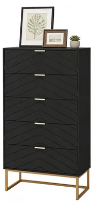Productafbeelding van Kommode met 5 lades, houten kast, metalen poten, 60x34x110 cm, zwart