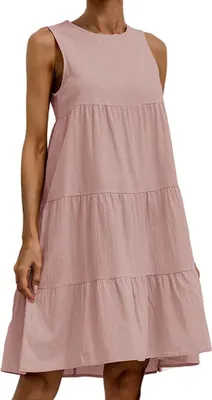 Produktbild von ASKSA Damen Kleider Round Neck Sommerkleid Dress Loose Sleeveless Patchwork Knielang Dresses, Rosa, XL
