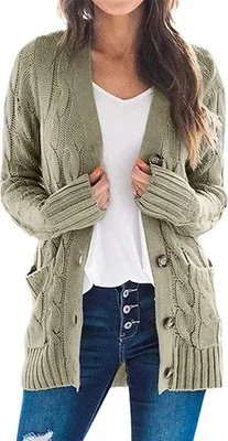 Produktbild von ASKSA Damen Strickjacke Strickpulli Langarm mit Taschen Knopf Pullover Casual Einfarbig Strickmantel, Armeegrün, L