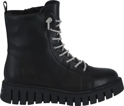 A black leather lace-up boot with silver laces and a thick black sole, shown against a white background.