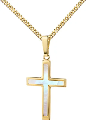 Produktbild von Kreuz Anhänger 8K für DAMEN aus Gold 333 mit Perlmutt-Einlage. Mit Kette 45 cm