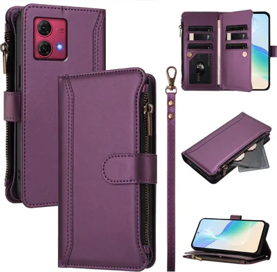 Obrázek produktu pro Pouzdro pro Motorola Moto G84, zipem, peněženkovéPolyuretankožené flip pouzdro s kapsami na karty, stojánkem a poutkem na ruku Fialová