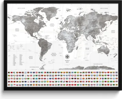 Produktbild von MuchoWow® MuchoWow® Gerahmtes Poster Weltkarte - Flagge - Schwarz - Weiß 80x60 cm - Poster mit zchwarzem Bilderrahmen - Schwarzem - Mit Gestell