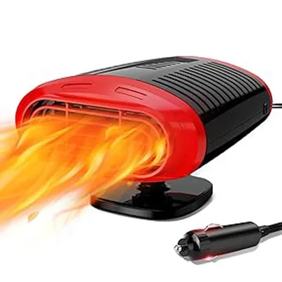 A red and black car heater with flames coming out of the front, and a car charger plug in the foreground.