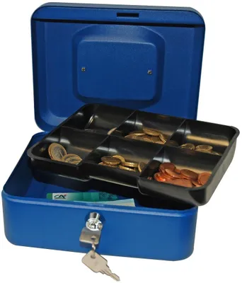 Produktbild von Metallene Geldkassette, abschließbar, 20 x 16 x 9 cm, blau, inklusive Münzschacht und 2 Schlüsseln