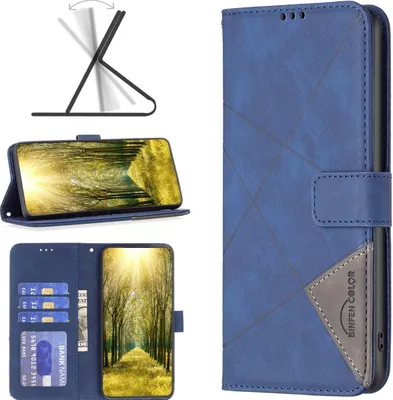 A collage of images showing a blue flip-case wallet for a Google Pixel 7a phone, demonstrating its stand function and card slots.