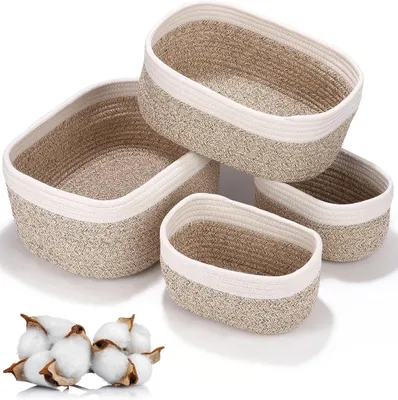 Image de Panier de rangement, lot de 4, en coton tressé, différentes tailles, empilables, pour salle de bain